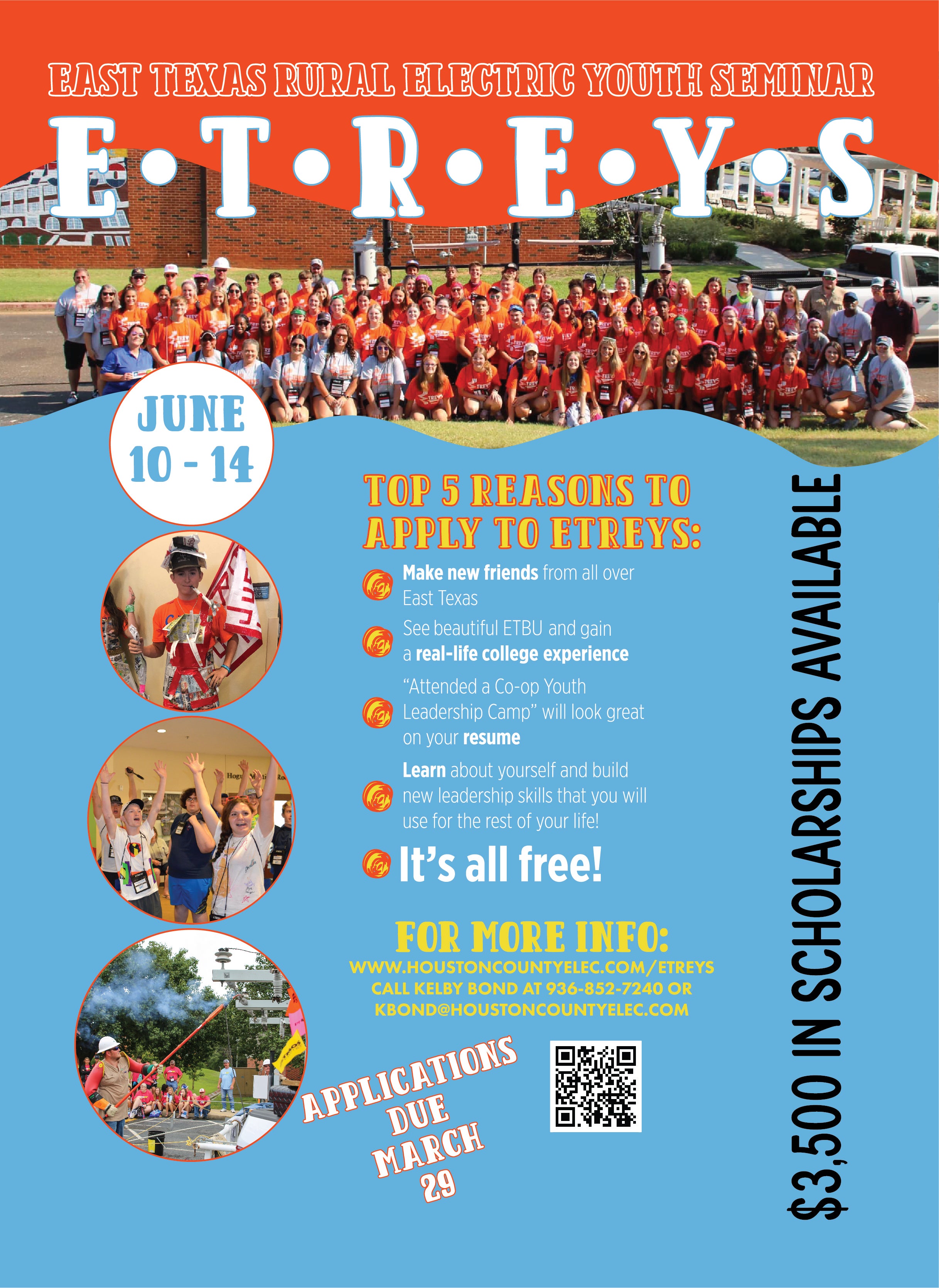 ETREYS Summer Camp Ad, picture of group of students, words regarding scholarship and camp dates