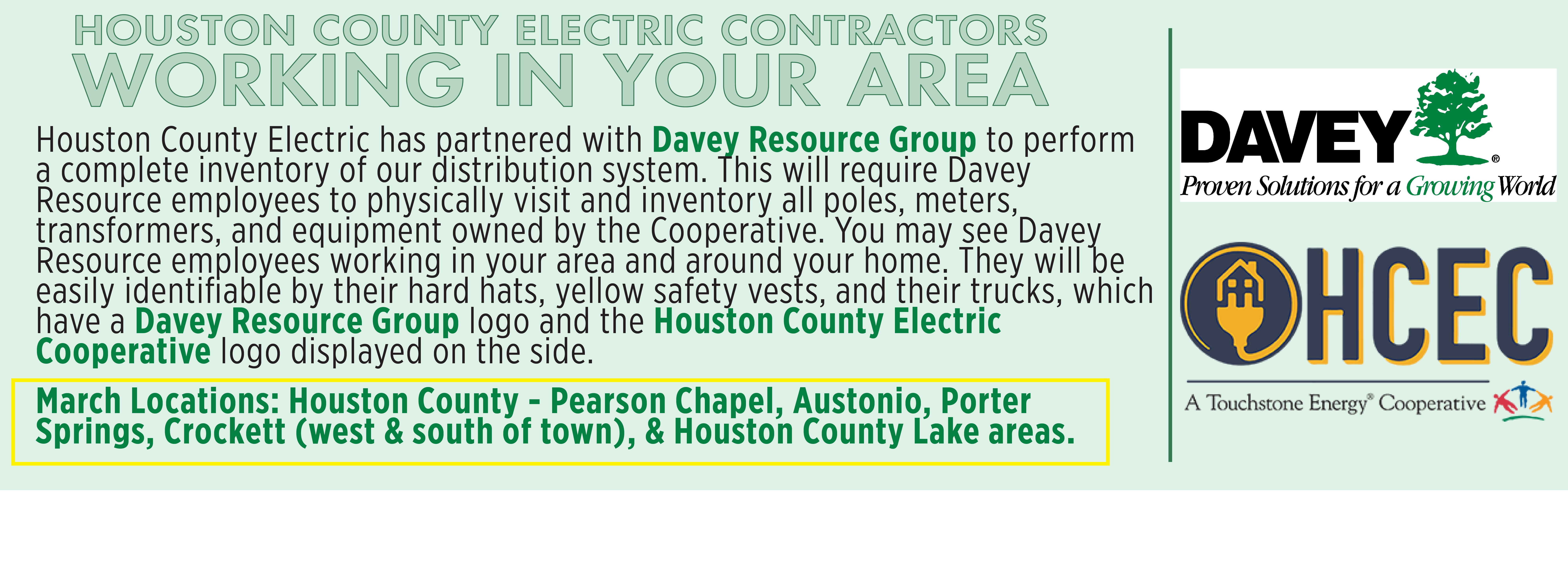 text with information about davey resource group locations with hcec logo and davey resource logo on right side with light green background
