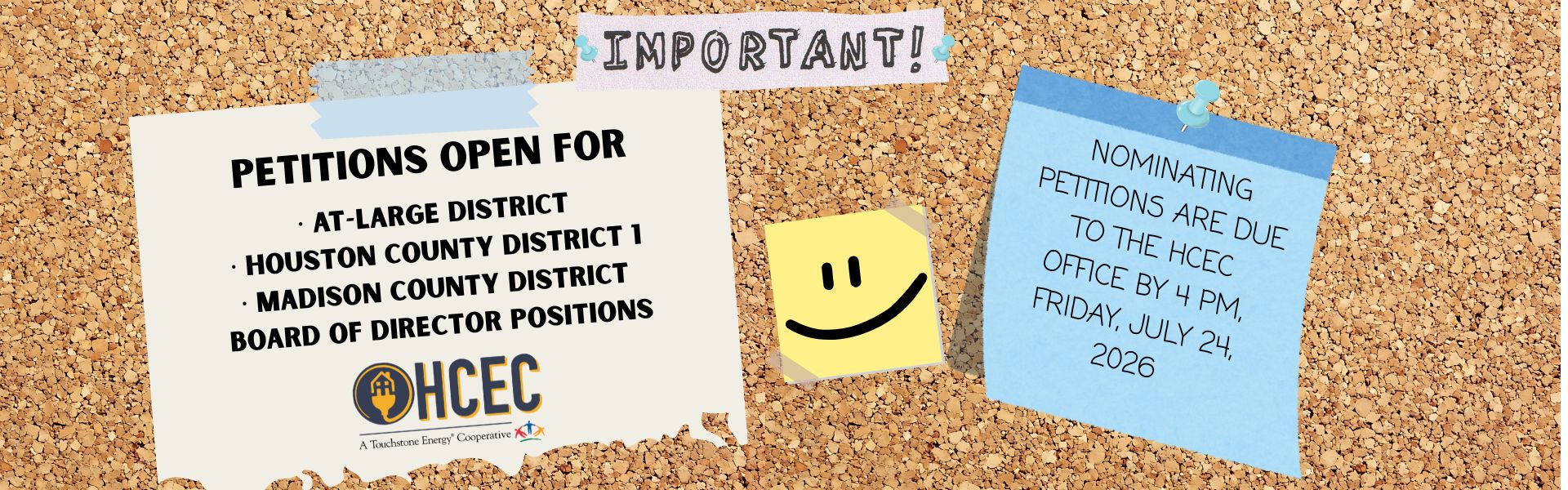 Picture to imitate a corkboard with notes regarding director election nominating petitions