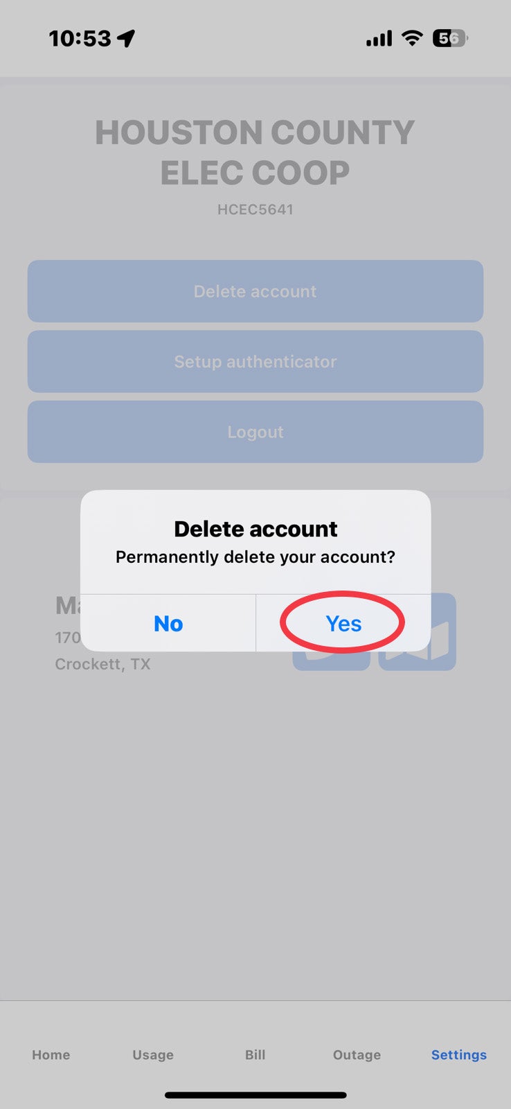 myHCEC Delete Account Button