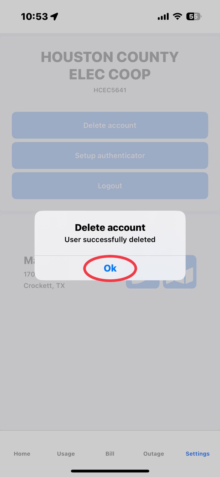 myHCEC Account Deleted Confirmation Pop-up